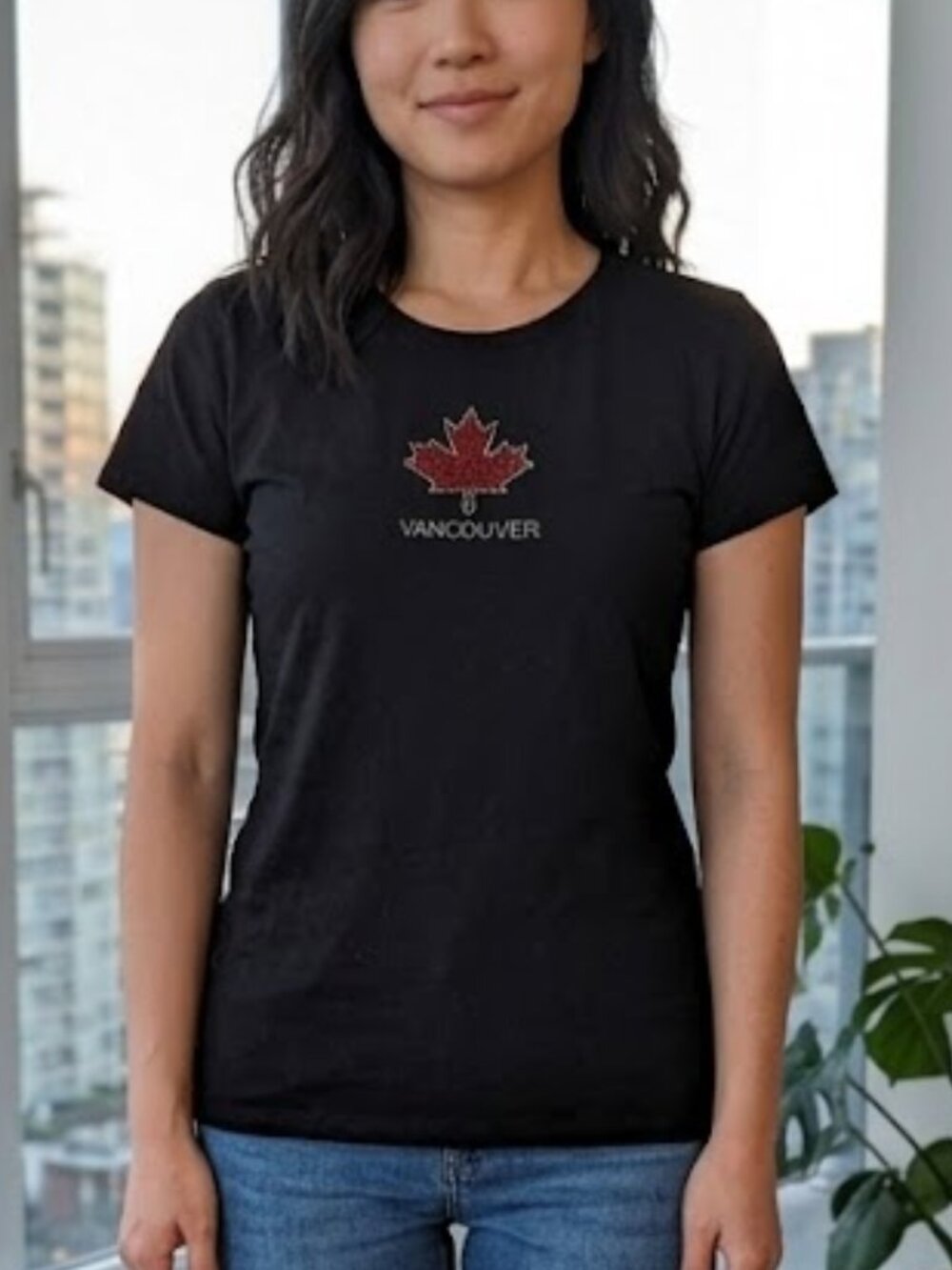*3 FOR $9* Alstyle Apparel Vancouver Canada Maple Leaf Gem Embellished Top Shirt